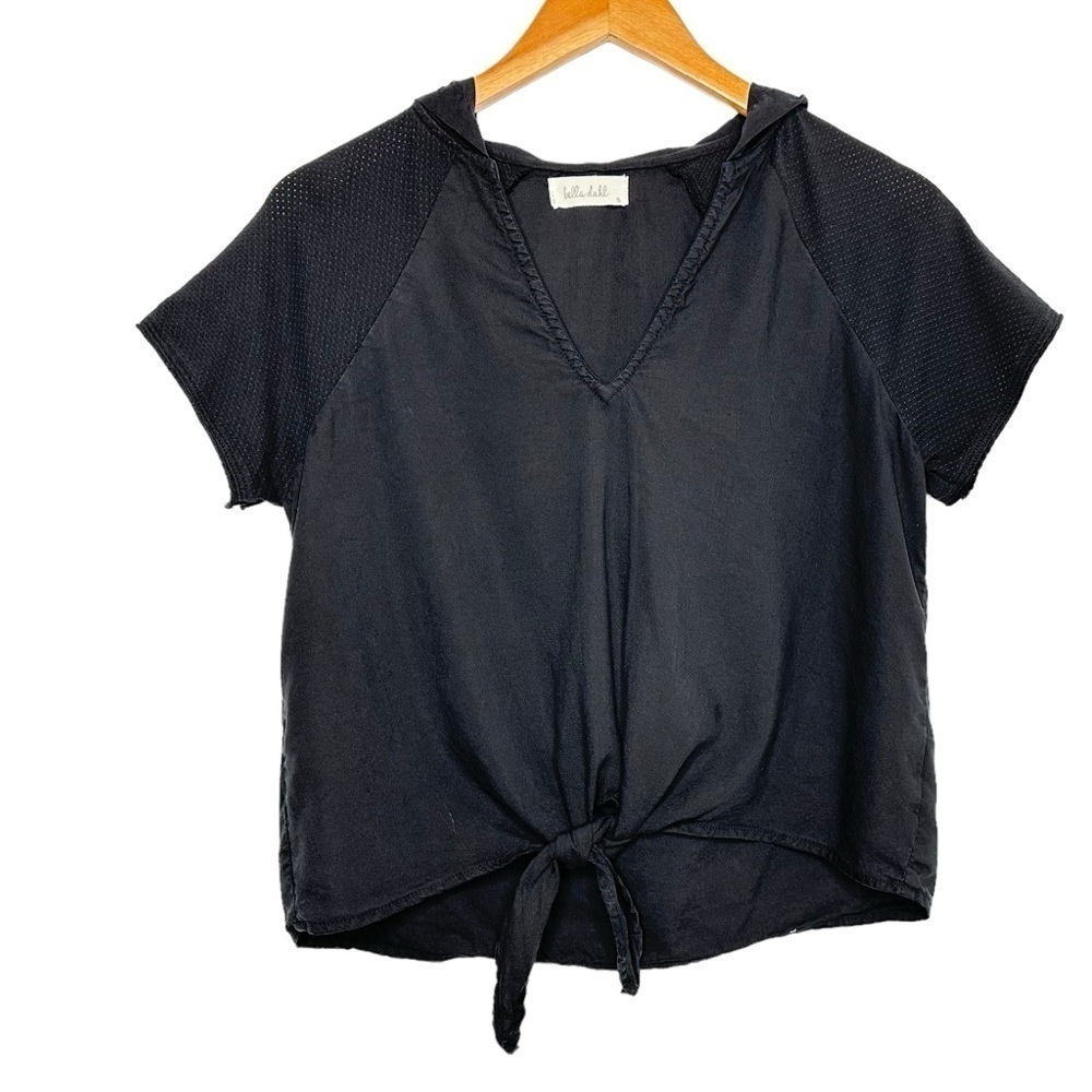 Bella Dahl Womens Hooded Tie Front Short Sleeve Crop Top Blouse Sz Small Black